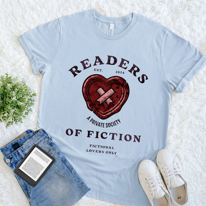 Bookish T-shirt for romantasy fans and fictional character lovers in light blue 