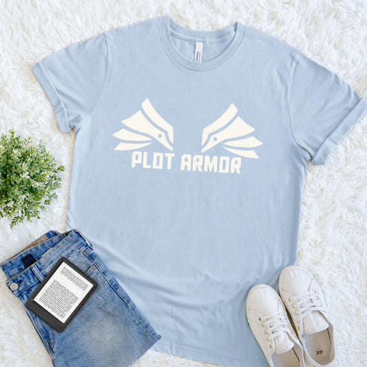 Minimalist bookish tee featuring Plot Armor design on soft light blue  cotton shirt