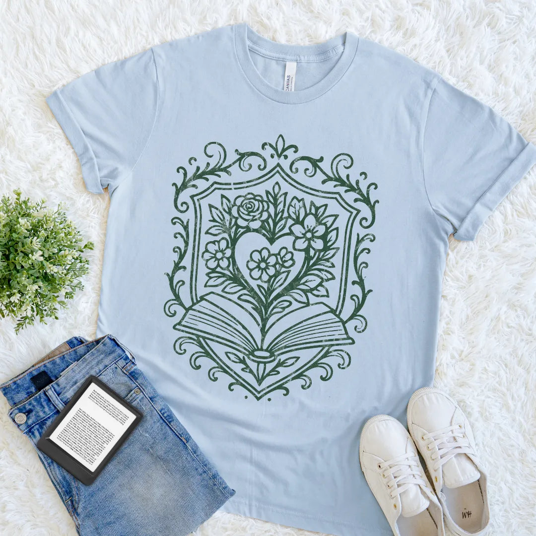 Soft cotton bookish tee with romantic floral heart and vintage book design on light blue cotton