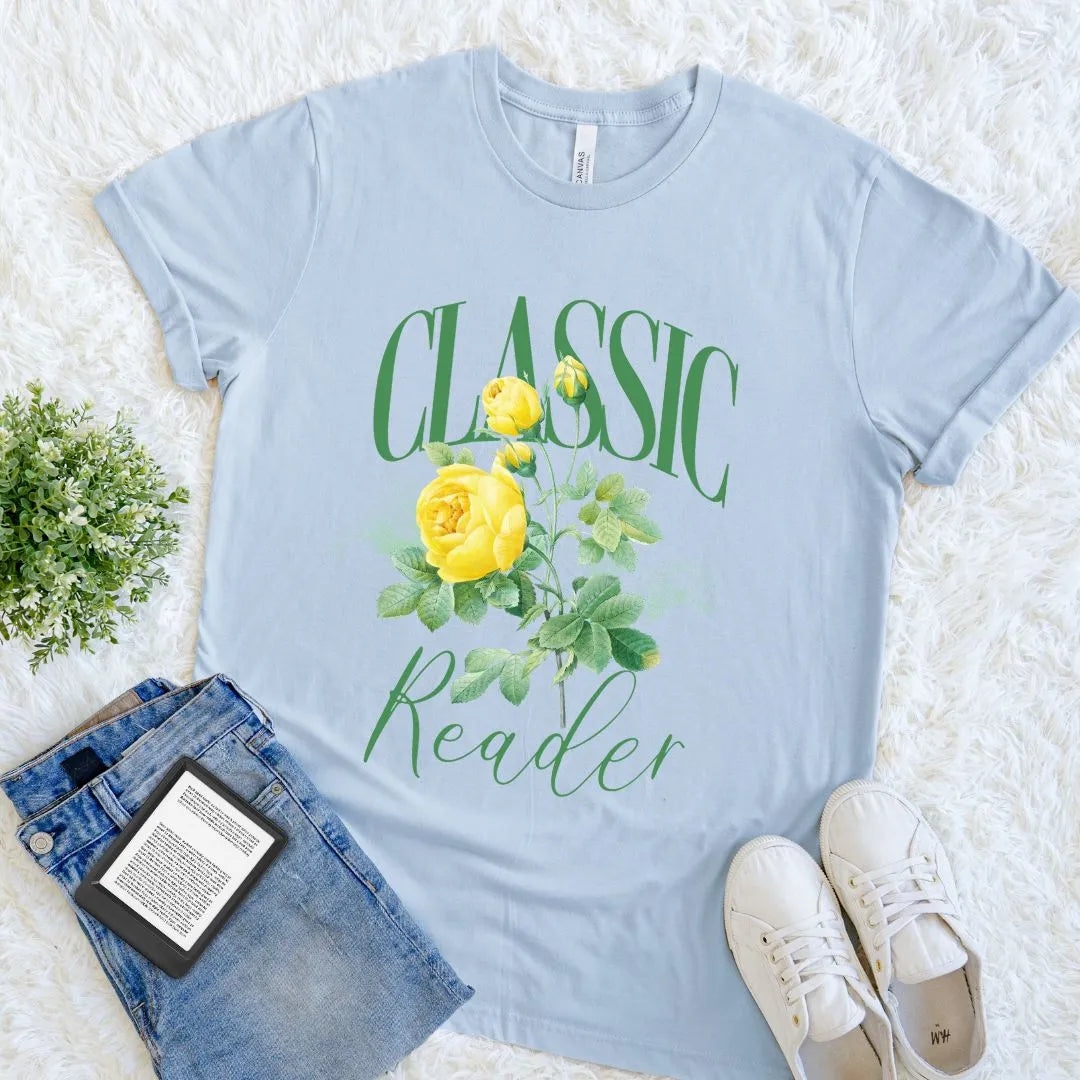 Feminine aesthetic floral reading themed T-shirt with vintage typography and yellow rose illustration