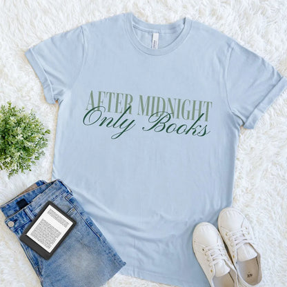Flat lay of minimalist reader shirt featuring elegant late-night reading quote text on light blue cotton 