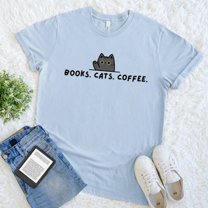 Books. Cats. Coffee Tee 🐱Cute Minimalist Graphic Tee for Readers, Vintage Aesthetic, Bookish Gift