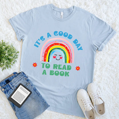 light blue colorful book lover T-shirt with happy rainbow face, gift for librarian