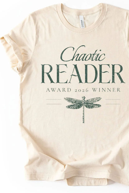 Beige bookish t-shirt with 'Chaotic Reader Award 2026 Winner' text and dragonfly graphic on a white background