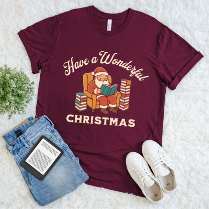 Reading Santa graphic t-shirt surrounded by text saying “Have a Wonderful Christmas”