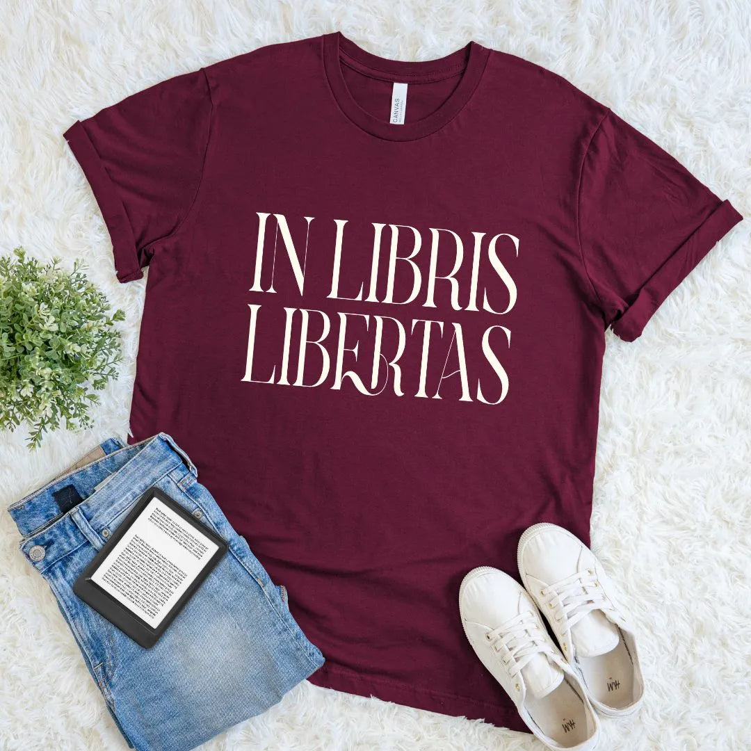 Burgundy dark academia graphic t shirt with serif Latin phrase “In Libris Libertas”, relaxed fit premium cotton bookish tee for readers and literature lovers