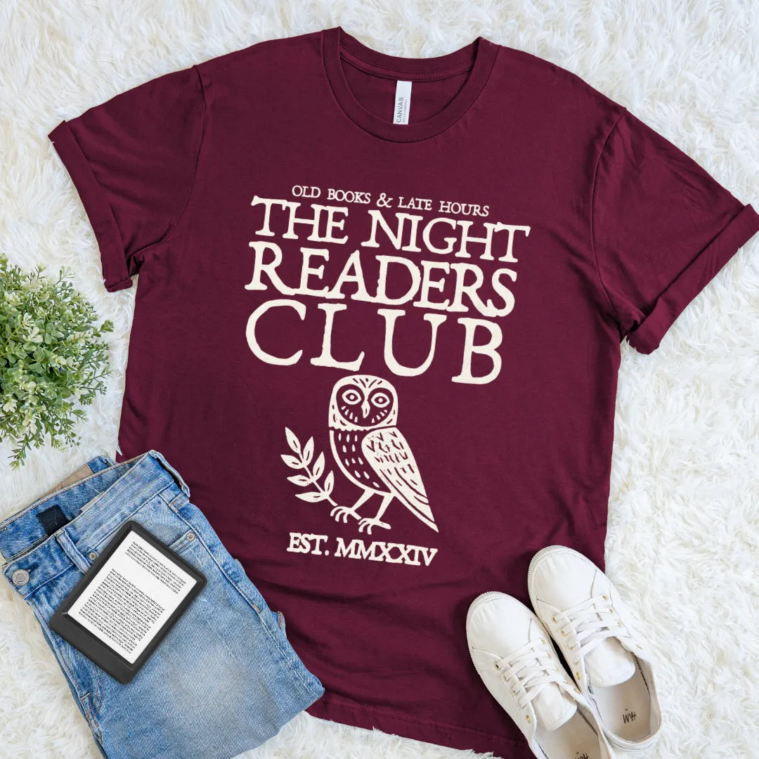 Maroon night owl reader shirt featuring distressed literary club artwork for late-night book lovers