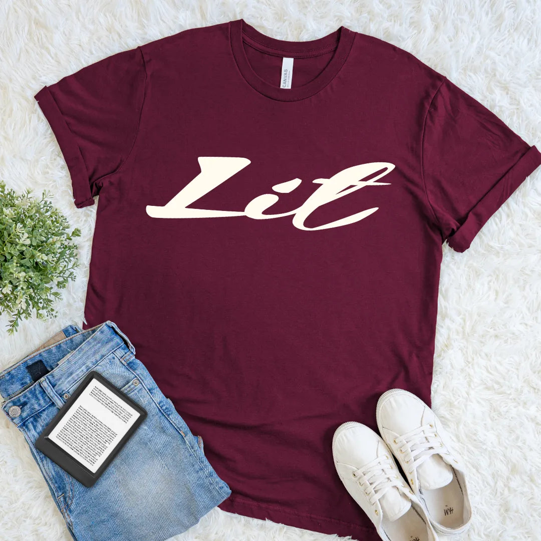 Maroon book lover shirt featuring a bold one-word Lit design for readers, writers, and teachers
