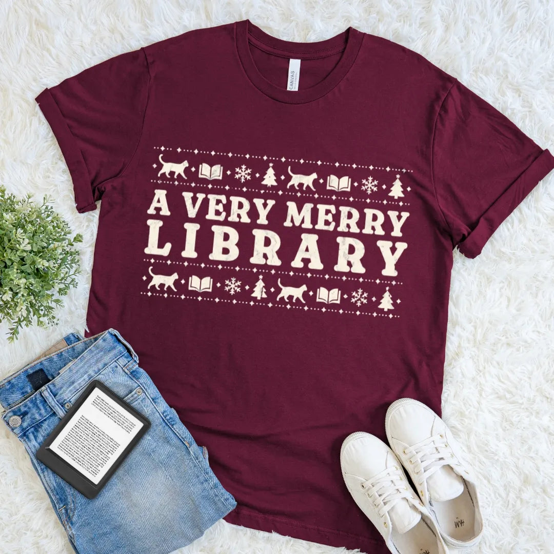Maroon Christmas library shirt featuring a vintage sweater-style pattern for book lovers and librarians