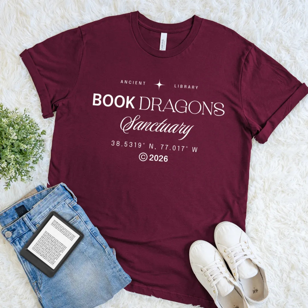 Maroon Book Dragons Sanctuary minimalist library book lover T-shirt