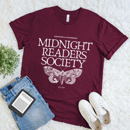 Soft cotton Maroon red  t-shirt with 'Midnight Readers Society' design on a light background and vintage moth illustration 