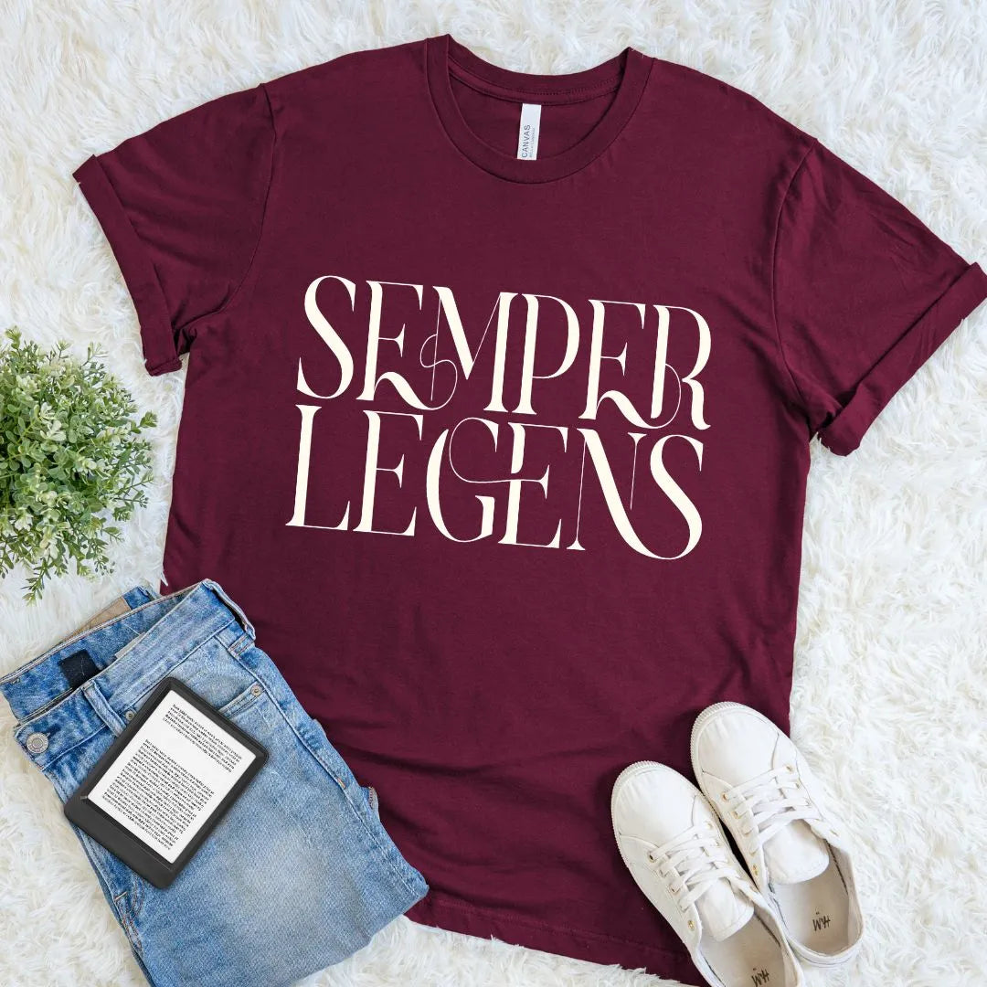 Maroon classic reader  T-shirt featuring Semper Legens latin typography in elegant cream serif lettering