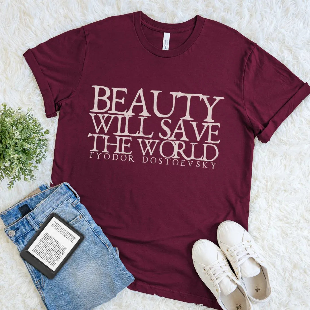 Vintage-style reader shirt featuring Fyodor Dostoevsky quote typography on maroon red cotton
