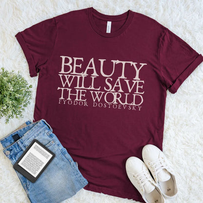 Vintage-style reader shirt featuring Fyodor Dostoevsky quote typography on maroon red cotton
