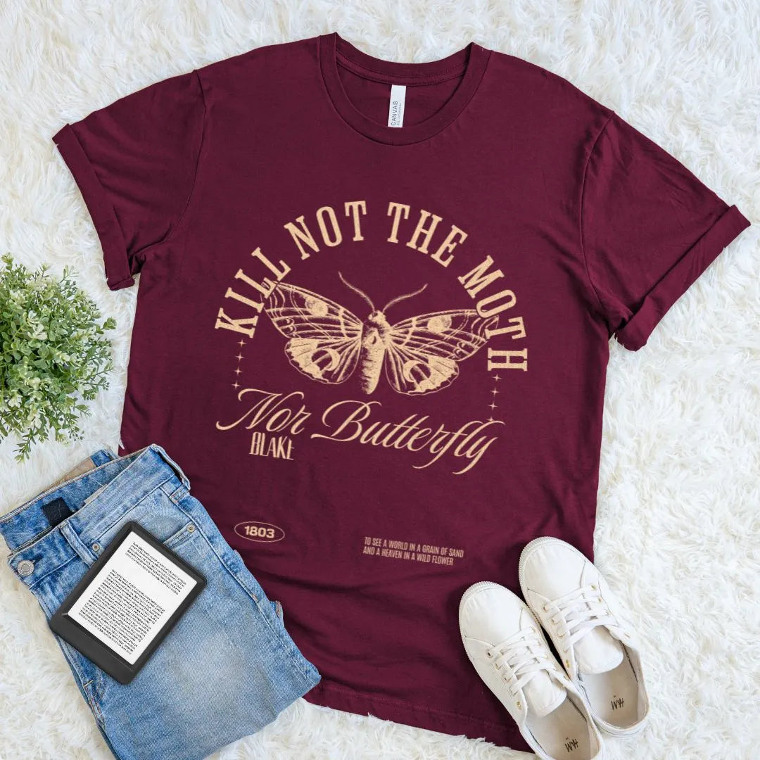 Soft cotton Maroon red  bookish T-shirt with vintage moth illustration and William Blake poetic quote
