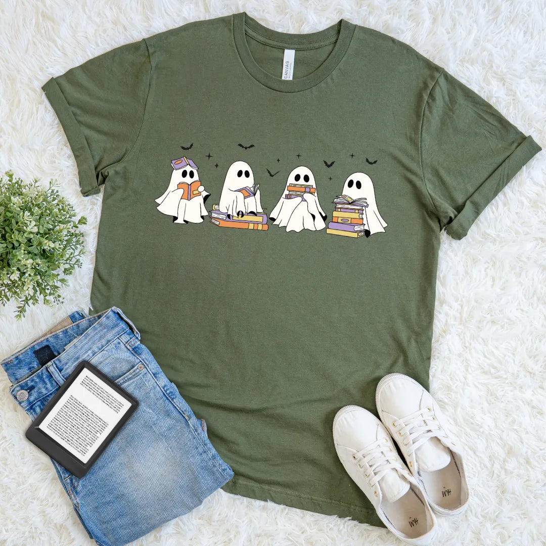 Halloween ghosts with books  on olive green tee