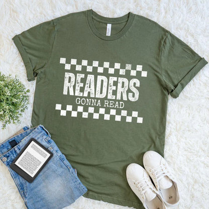 Flat lay of soft cotton military green t-shirt featuring checkerboard design and "readers gonna read" text