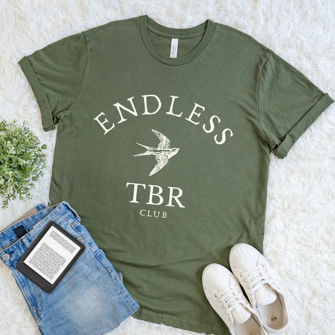 Military green reader shirt with vintage  typography and bird graphic inspired by literary club aesthetics