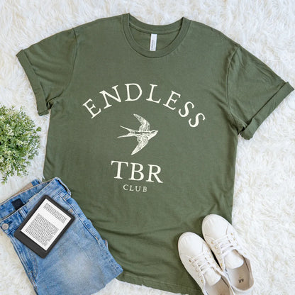 Military green reader shirt with vintage  typography and bird graphic inspired by literary club aesthetics