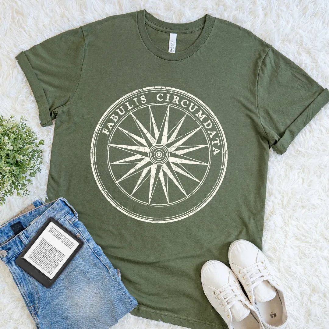 Military Green reader shirt with a soft ivory compass rose for women whose lives are shaped by books and stories