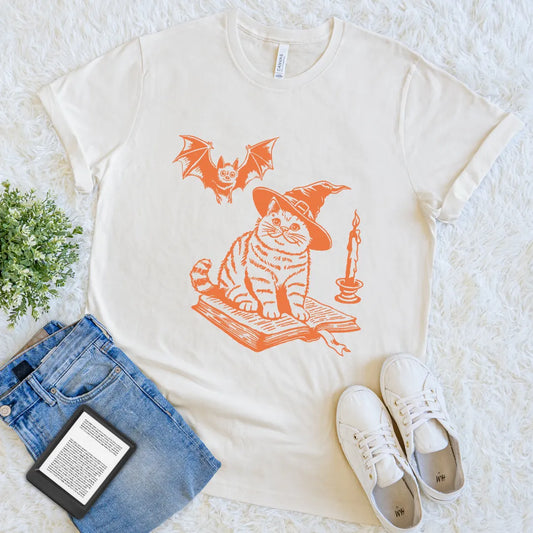 spooky cat reading shirt with candle and bat