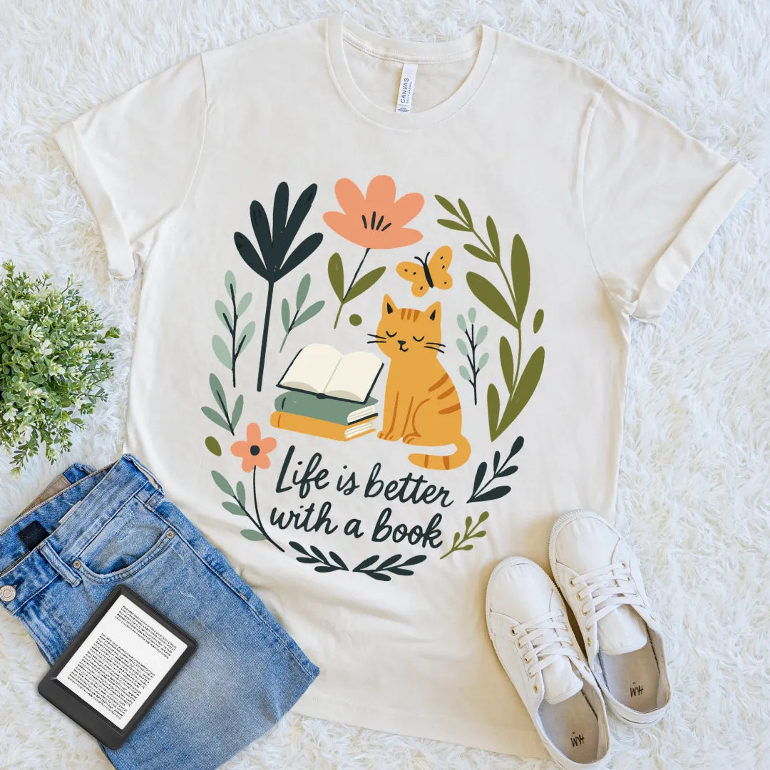 bookish floral tee with cozy cat