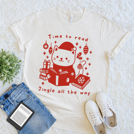 Festive reader t shirt with cat, books, and ornaments