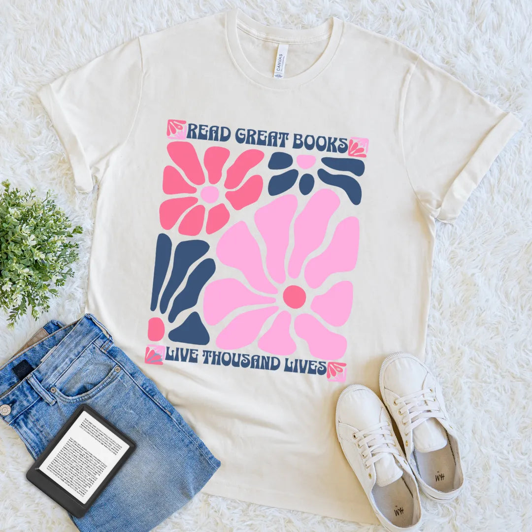 read great books live thousand lives boho floral tee