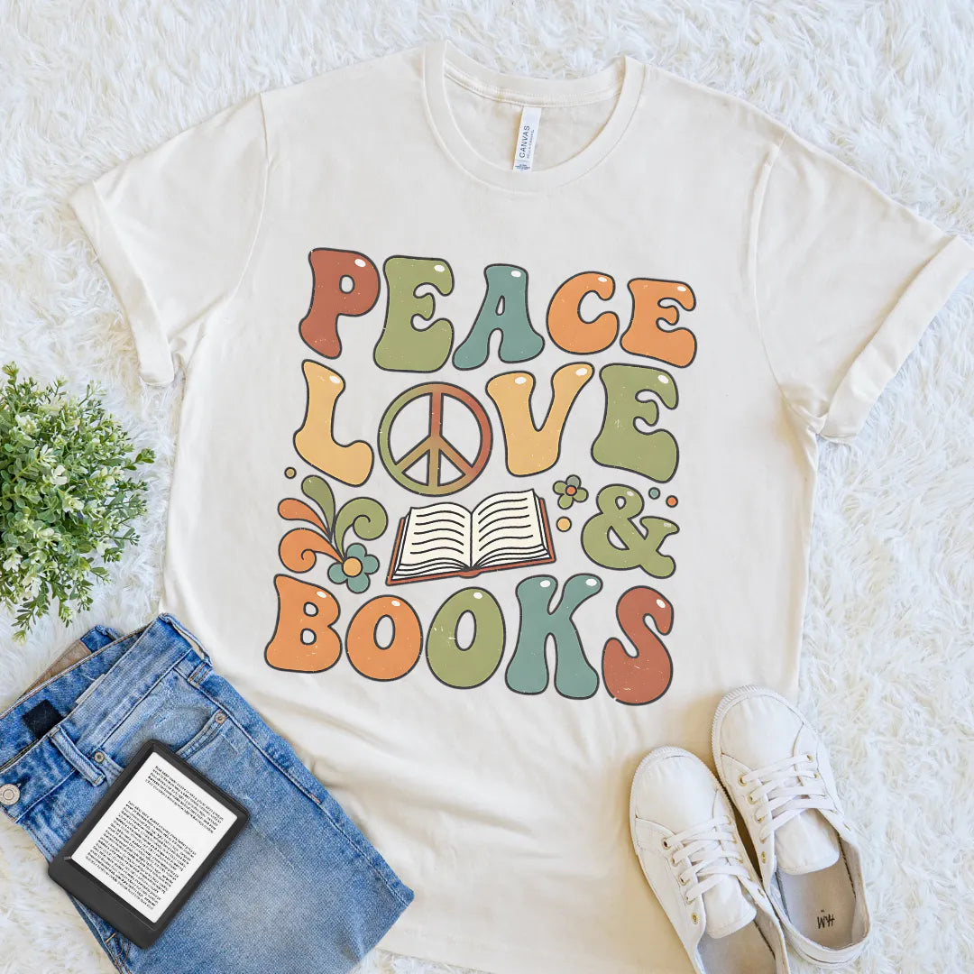 Colorful vintage bookish shirt with flower accents peace sign and open book