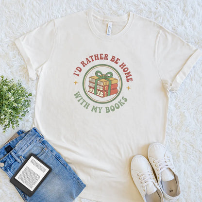  Cream-colored T-shirt with wrapped books design 
