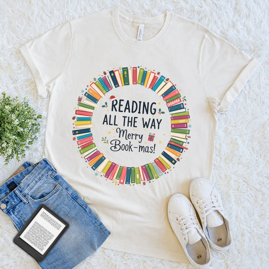 Cream T-shirt with a circular book wreath and festive holiday message