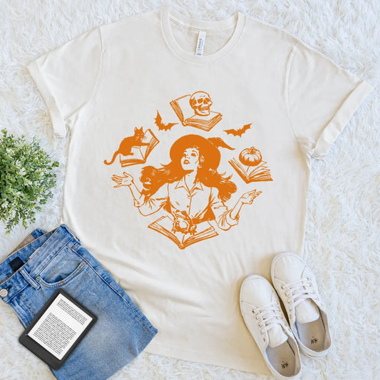spooky reading t-shirt with magical witch illustration
