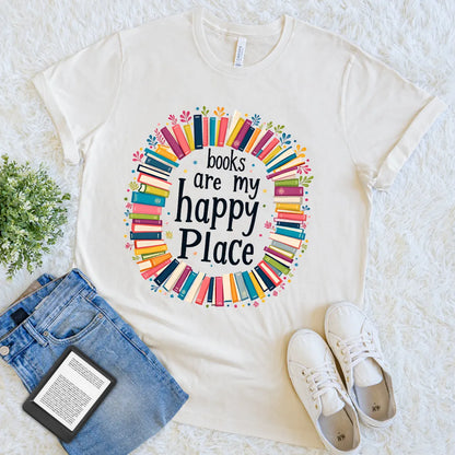 Cream T-shirt with colorful book wreath and quote “Books Are My Happy Place”