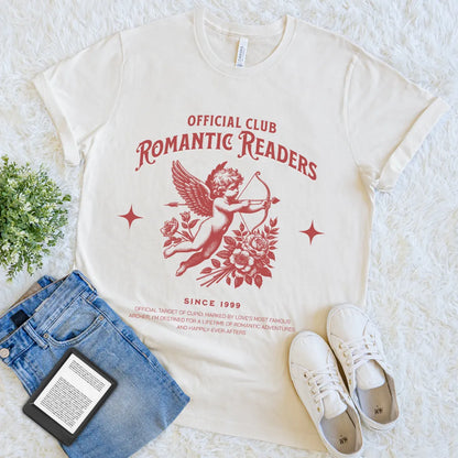 book lover  cream t-shirt with red vintage cupid and floral print