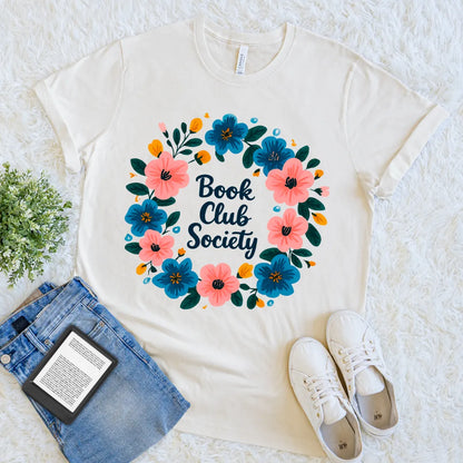Cream cute book club shirt with pink and blue flower design