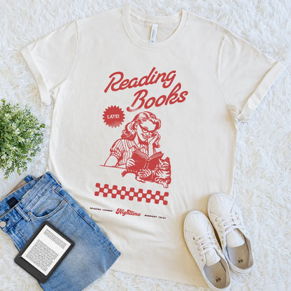 cream soft cotton  t-shirt with girl and cat retro design and bookish quote