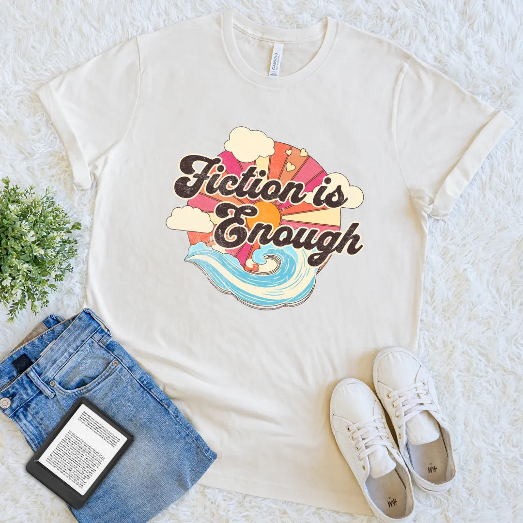 retro aesthetic reading tee with sunset and waves