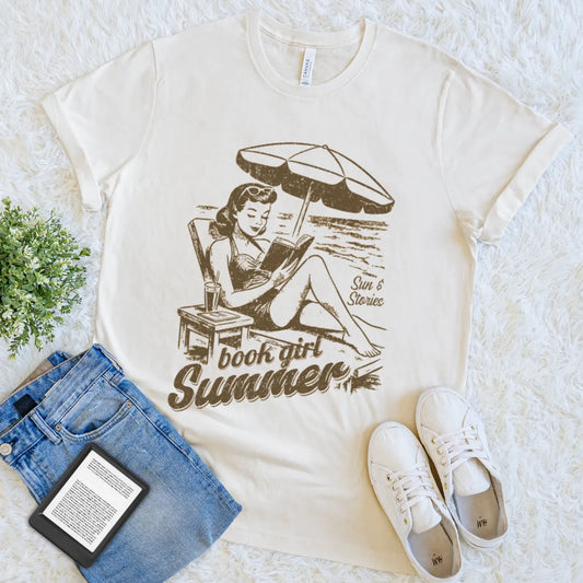vintage book girl summer reading tee