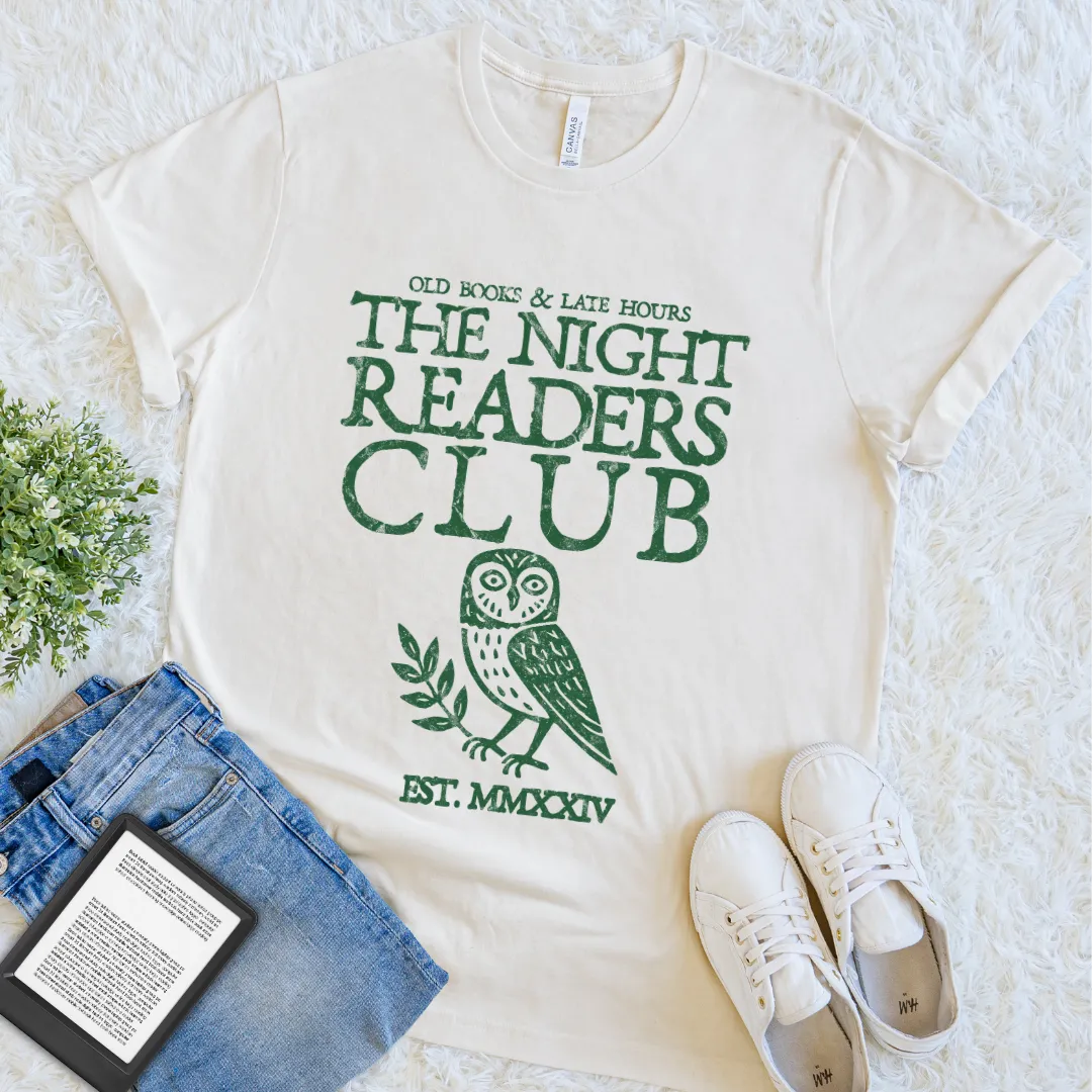 Natural Night Readers Club shirt with retro green owl artwork and classic book society typography