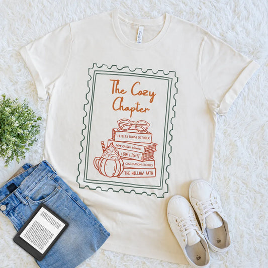 Cream shirt with Illustrated books and pumpkin mug with vintage frame