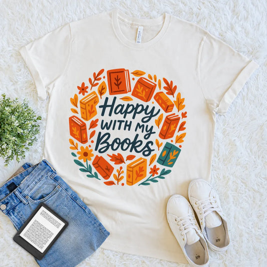 Cream T-shirt with “Happy With My Books” surrounded by autumn leaves