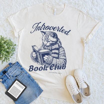 Literary cat t-shirt for book lovers and introverted readers in Cream color