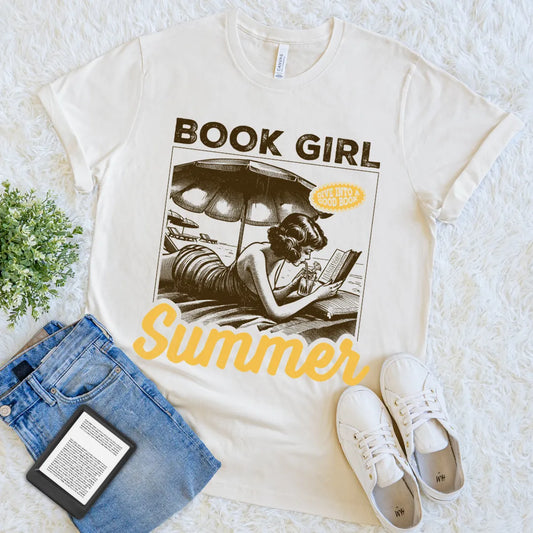 retro book girl summer reading tee