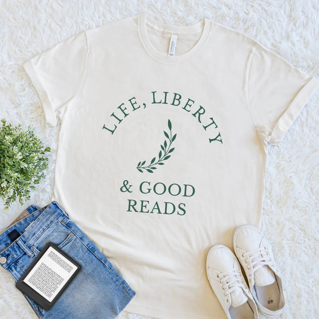 America 250 reader shirt for book lovers  with 'Life, Liberty & Good Reads' text in muted green design