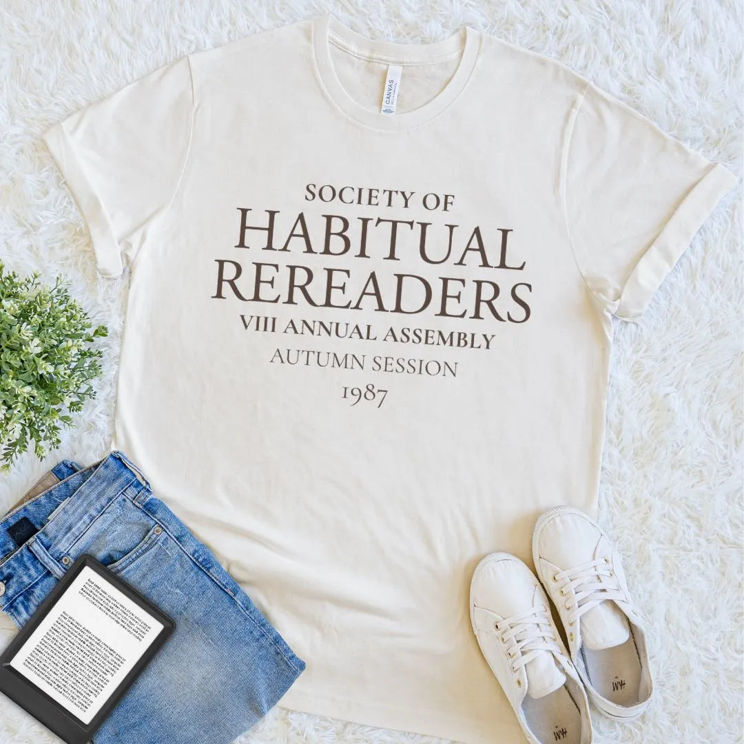 Natural literary society tee featuring an old-school Habitual Rereaders graphic for readers who revisit favorite books