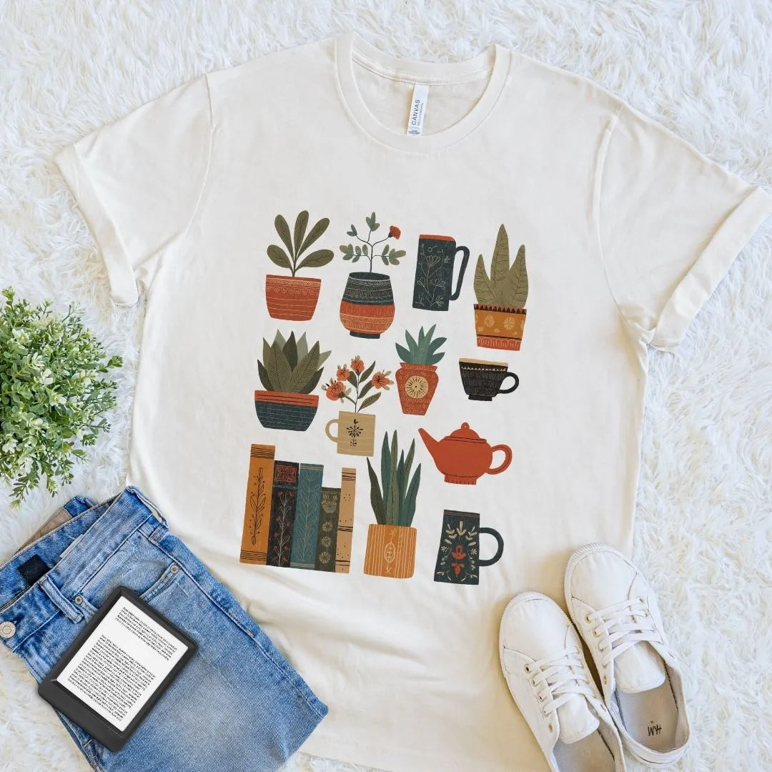 Vintage-style reader T-shirt for introverts who love plants and novels in cream color