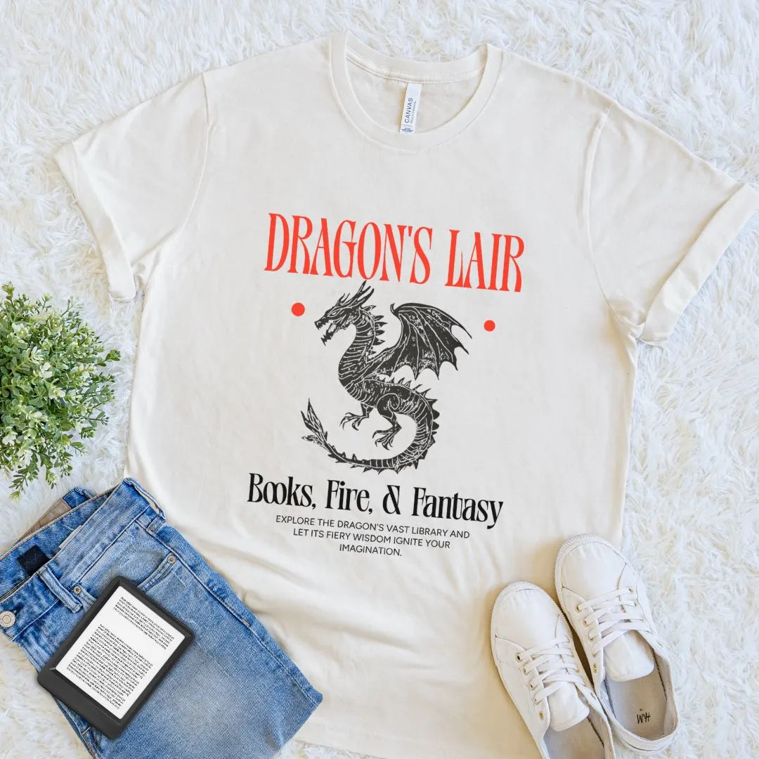 Soft cotton cream t-shirt with Dragon motive for readers and fantasy lovers 