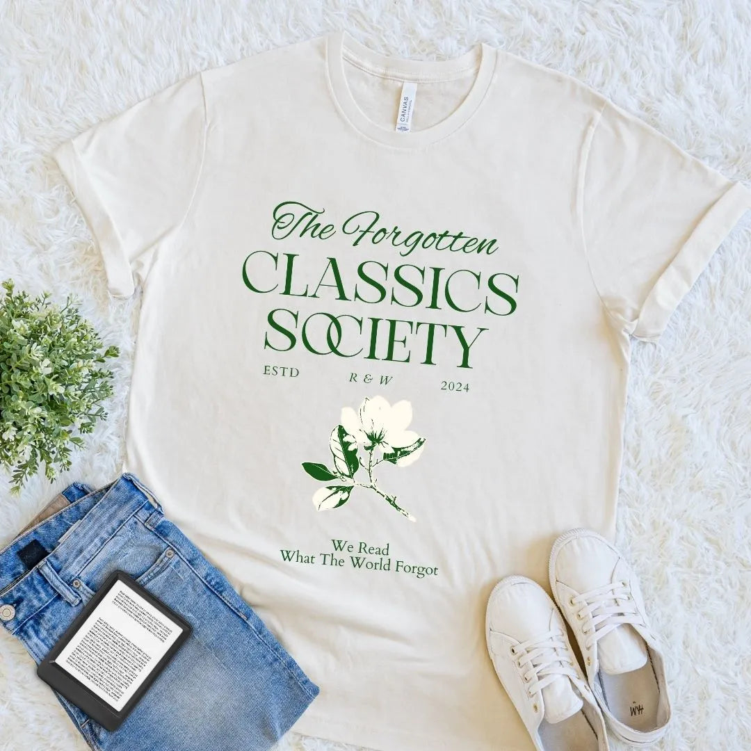 Vintage-style cream dark academia  aesthetic  shirt with forgotten classics theme and elegant font
