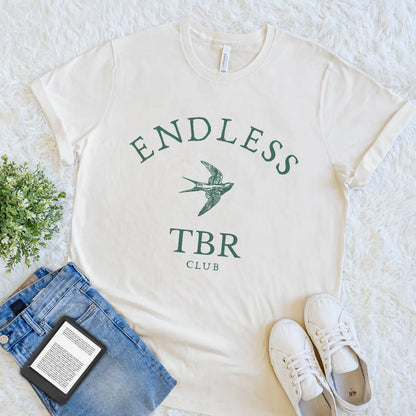 Cream bookish T-shirt with Endless TBR Club text and vintage swallow illustration 