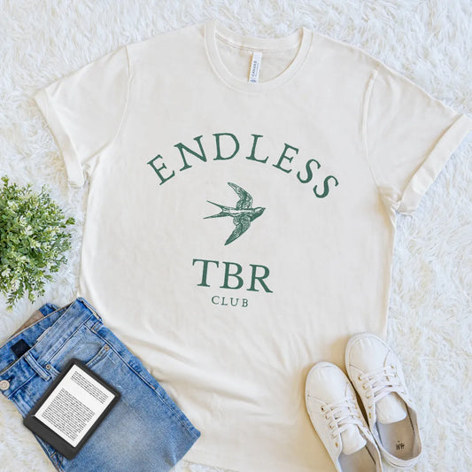 Cream bookish T-shirt with Endless TBR Club text and vintage swallow illustration 